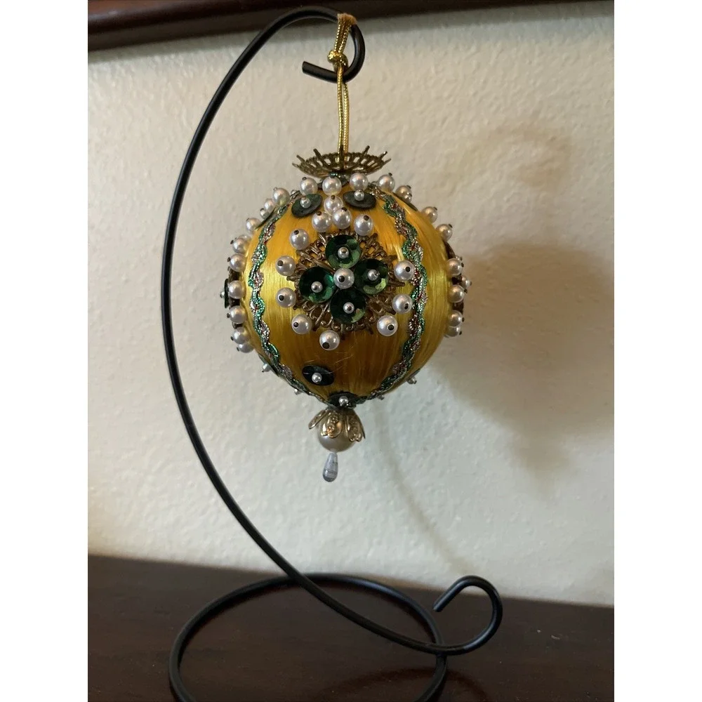 Vintage Bead Sequin Push Pin Christmas Tree‎ Ornament Gold Completed AS IS